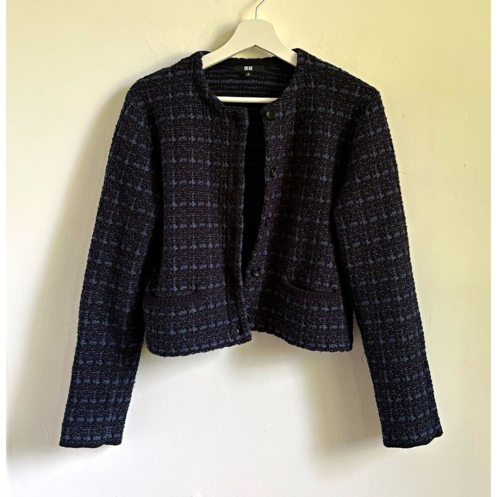 Uniqlo Gray navy plaid cardigan Jacket Sz M Pockets career tweed lightweight